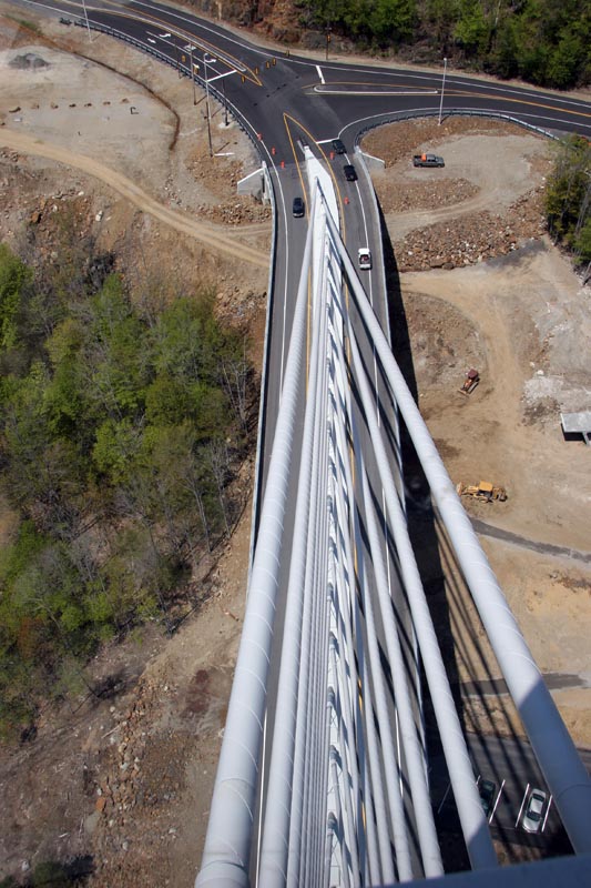 Looking down the suspension cables from the observation deck